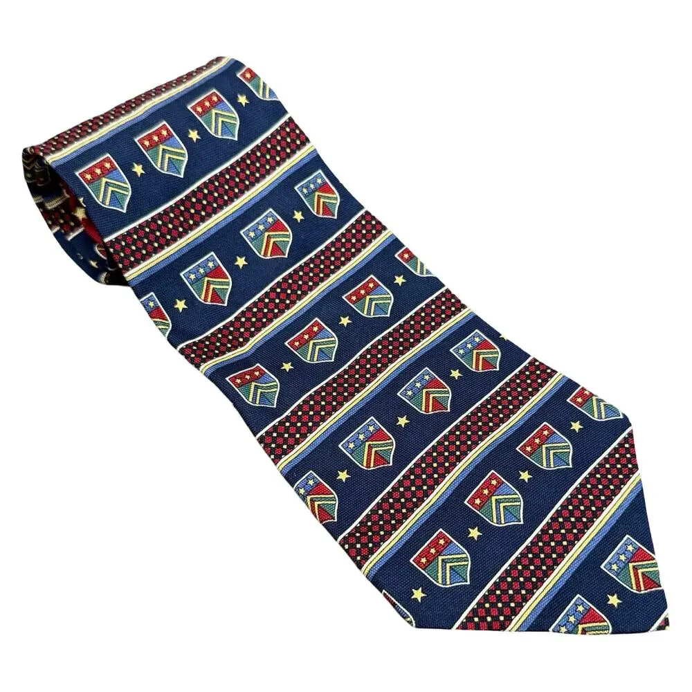 Vintage Tommy Hilfiger Shield Crest Logo 100% Silk Blue Red Stars Tie Necktie